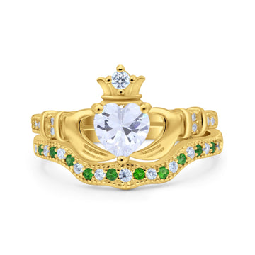 14K Yellow Gold Claddagh Accent Heart Wedding Bridal Set Piece Green Emerald Simulated Cubic Zirconia Wedding Ring